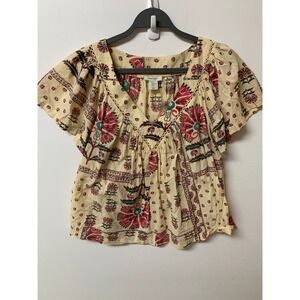Haute Hippie Style Womens XL Floral Block Print Cotton V-Neck Flutter Sleeve Top